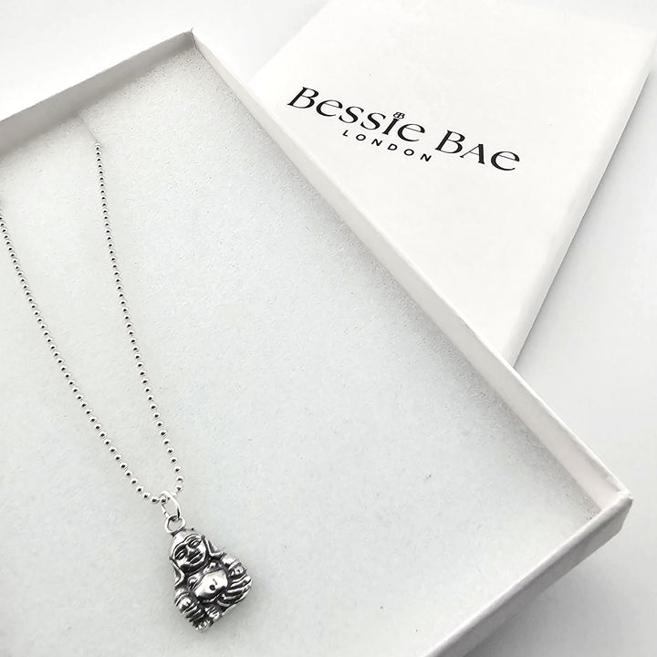 Unisex sterling silver Laughing Buddha necklace, spiritual jewellery gift.