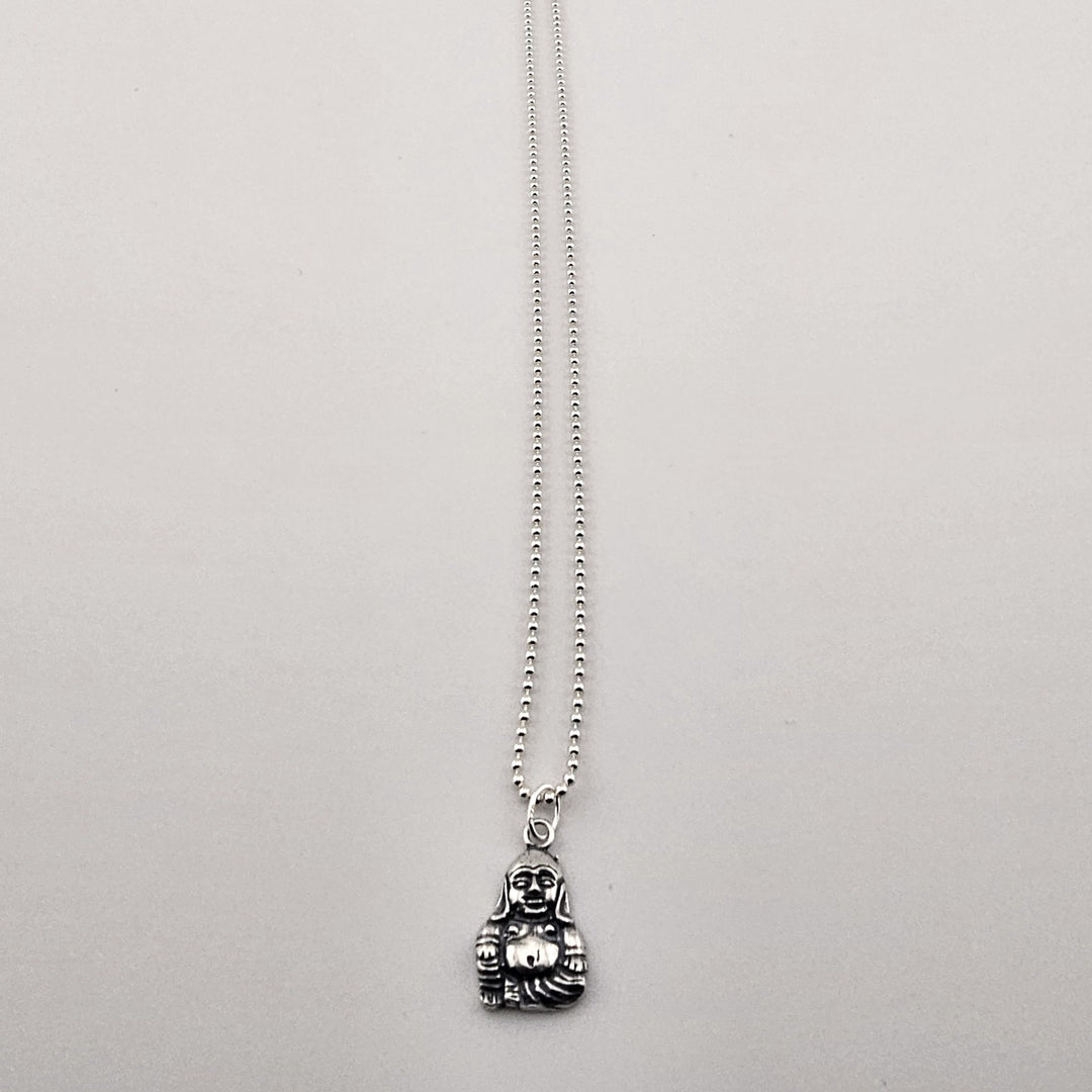 Sterling silver Buddha pendant necklace on fine chain.