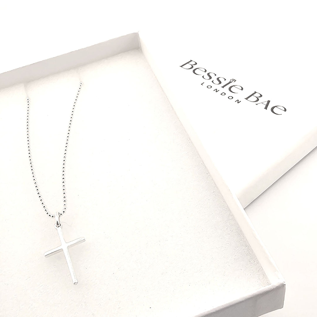 Unisex sterling silver cross necklace, polished religious jewellery gift, in box.