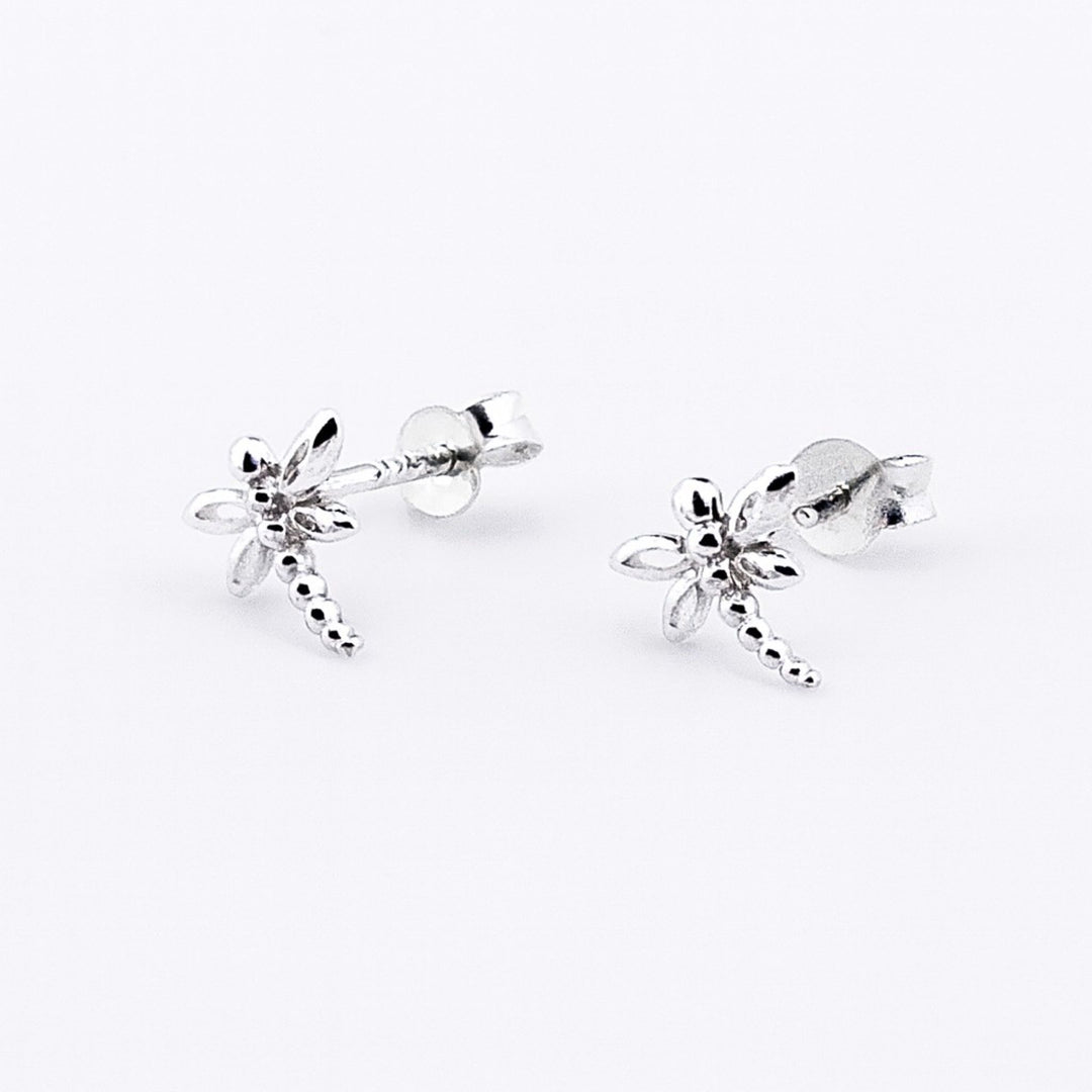 Sterling silver dragonfly stud earrings with butterfly backs.