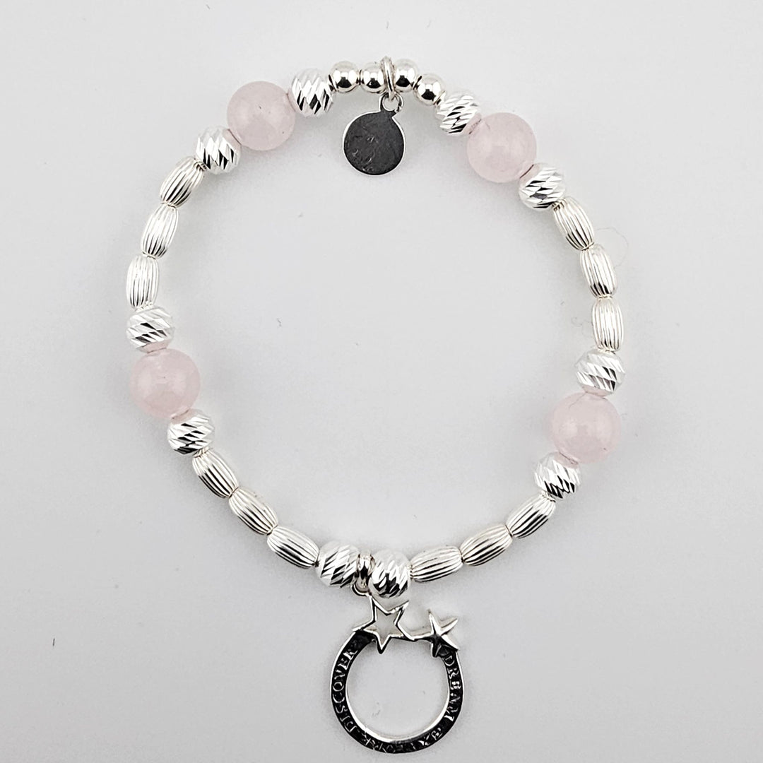 Sterling Silver Dream Explore Discover Bracelet with rose quartz beads and star charm by Bessie Bae.
