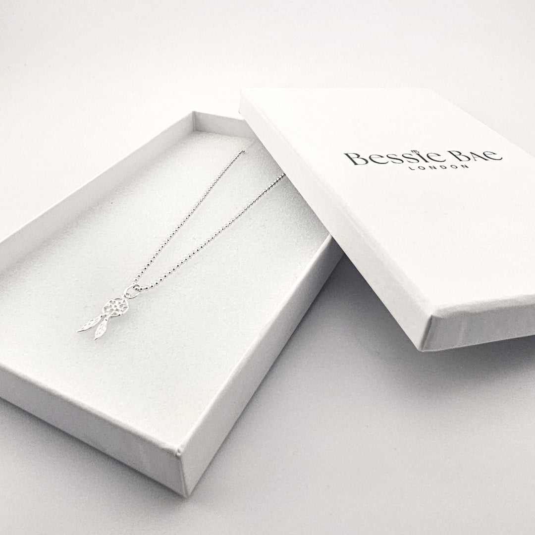 Silver dreamcatcher necklace with feathers, meaningful gift for her.