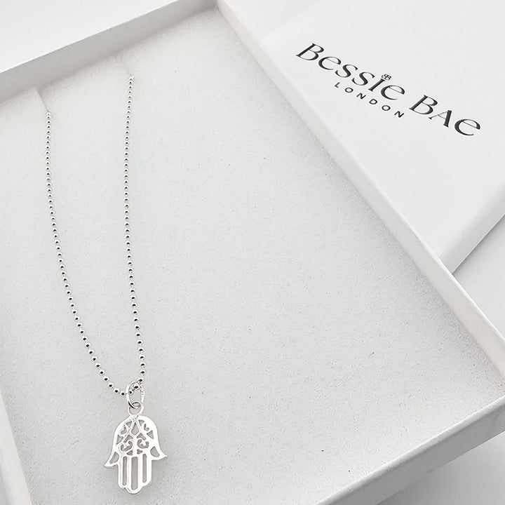 Sterling silver Hand of Fatima necklace, protective jewellery gift.