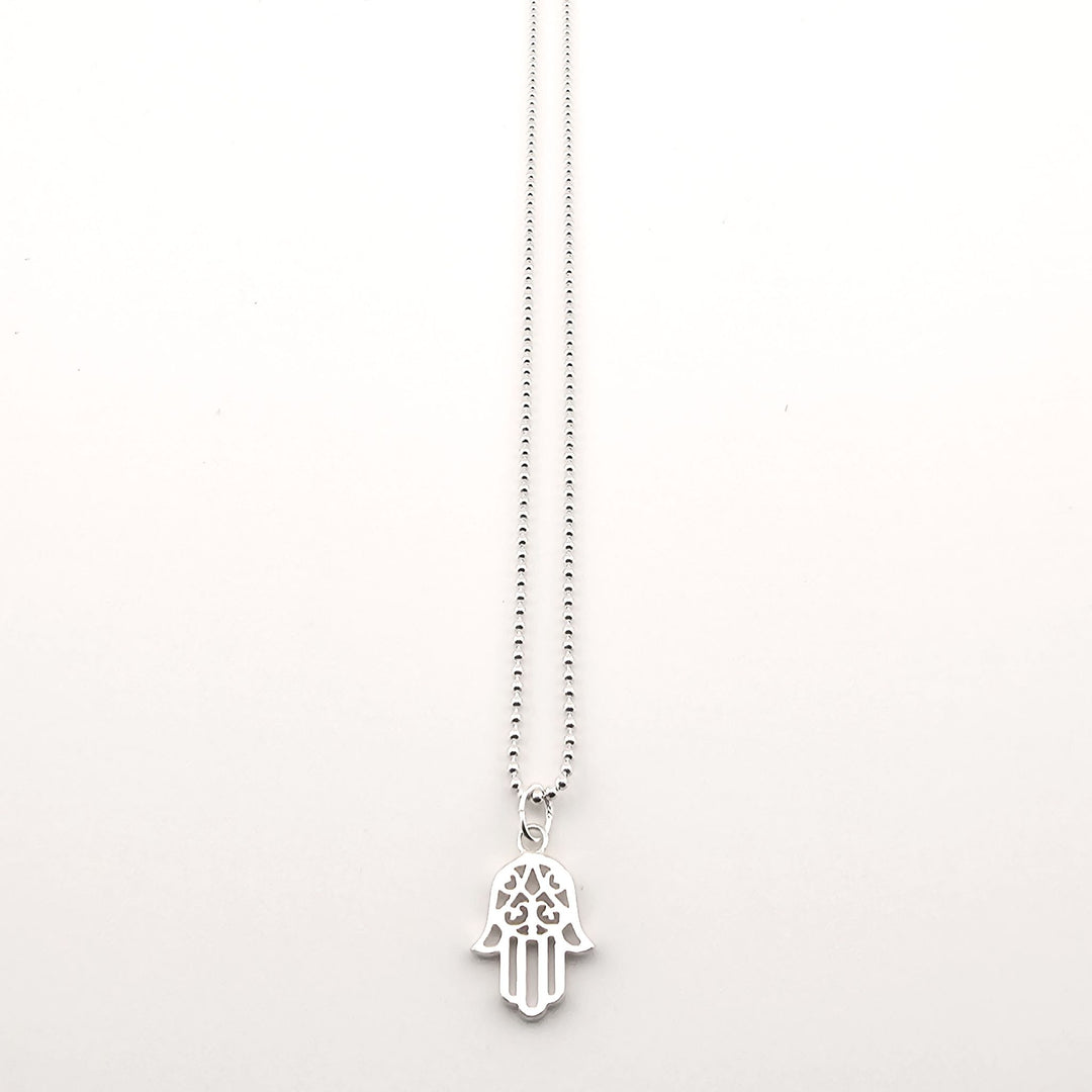Sterling silver Hamsa pendant necklace on fine chain.