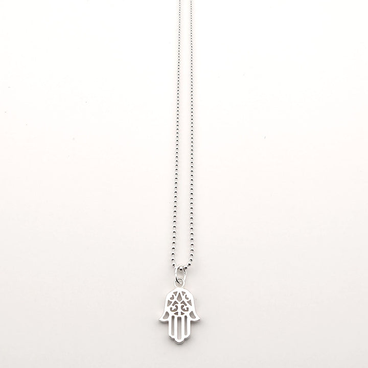 Sterling silver Hamsa pendant necklace on fine chain.