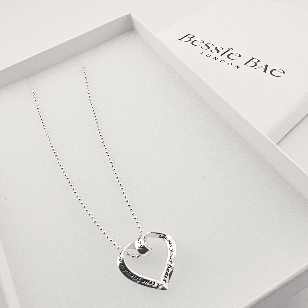 Silver engraved heart necklace, sentimental gift for her.