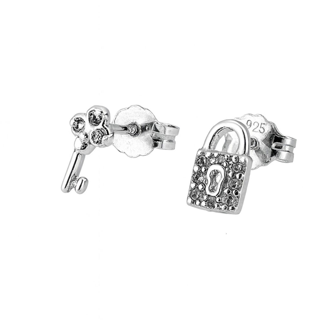 Sterling silver key and padlock stud earrings with butterfly backs.