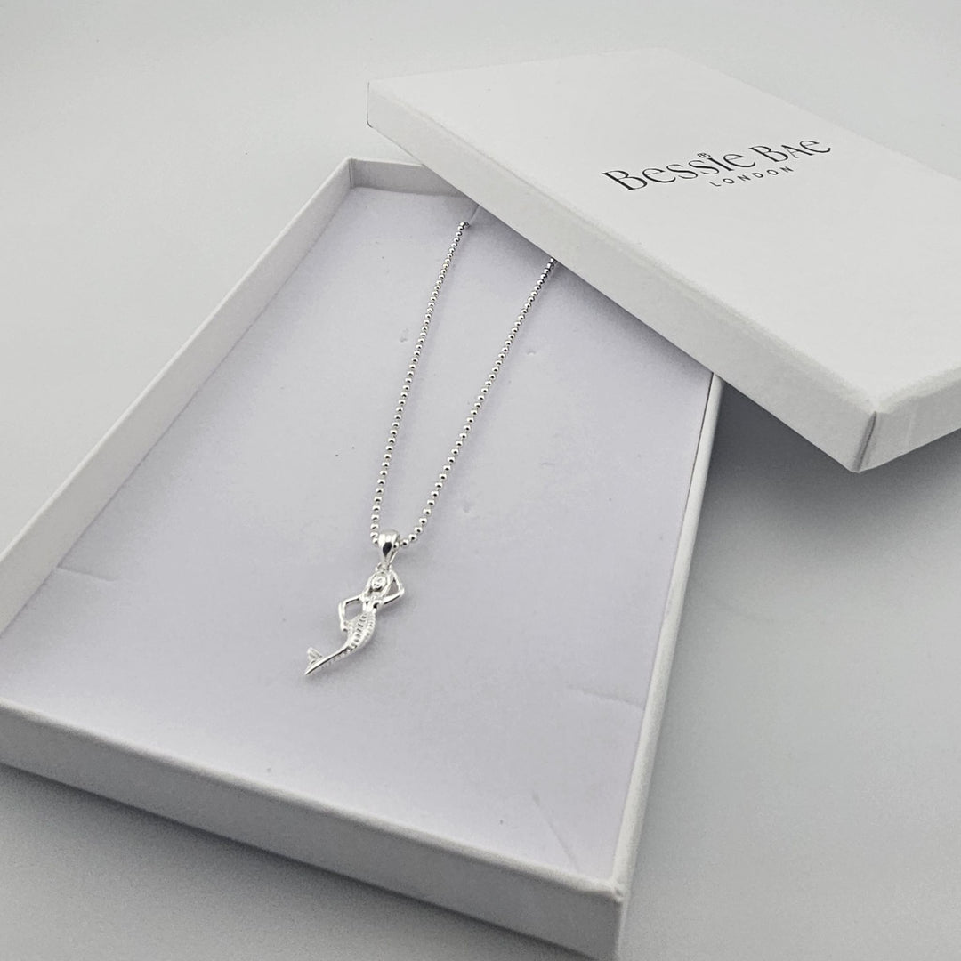 925 silver mermaid charm necklace, nautical fantasy jewellery gift.