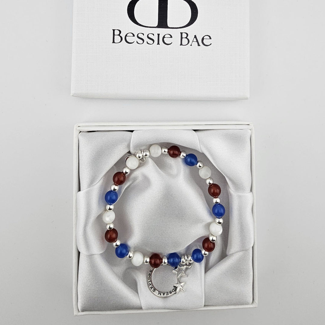 Celestial themed silver bracelet with colourful gemstone beads.