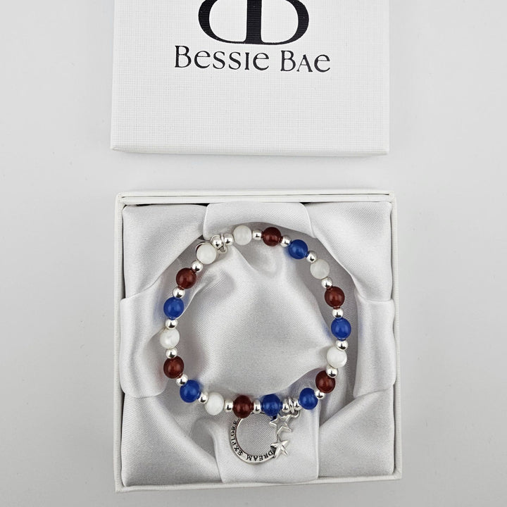 Celestial themed silver bracelet with colourful gemstone beads.