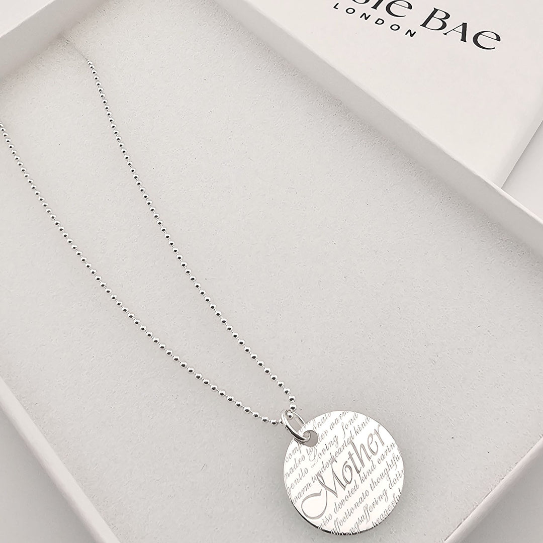 Engraved sterling silver Mother necklace, meaningful pendant gift for mums.