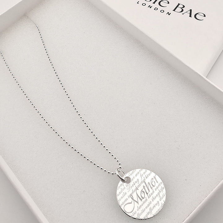Engraved sterling silver Mother necklace, meaningful pendant gift for mums.