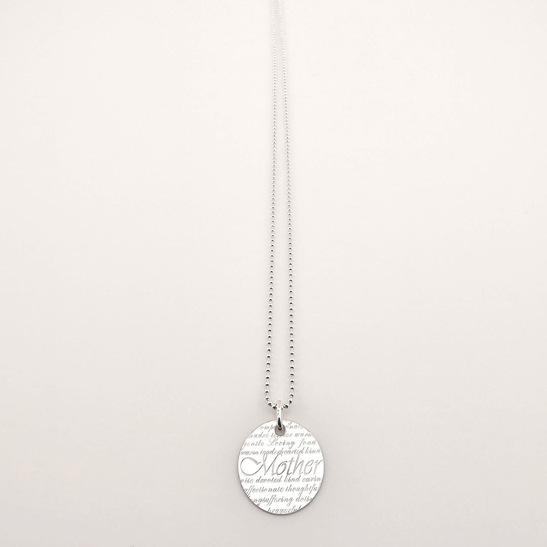 Sterling silver Mother engraved disc pendant necklace on fine chain.