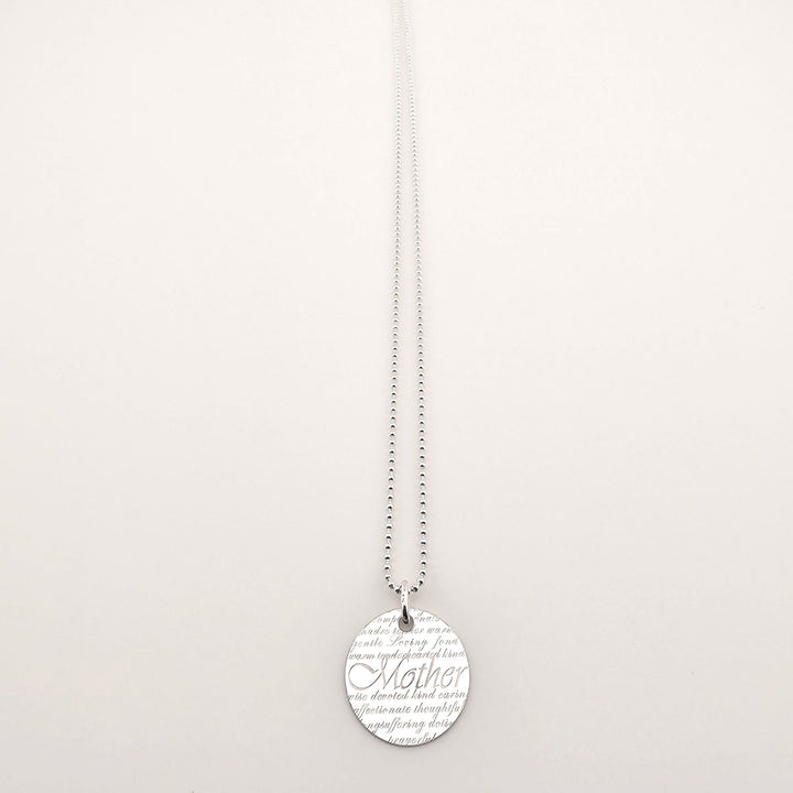 Sterling silver Mother engraved disc pendant necklace on fine chain.