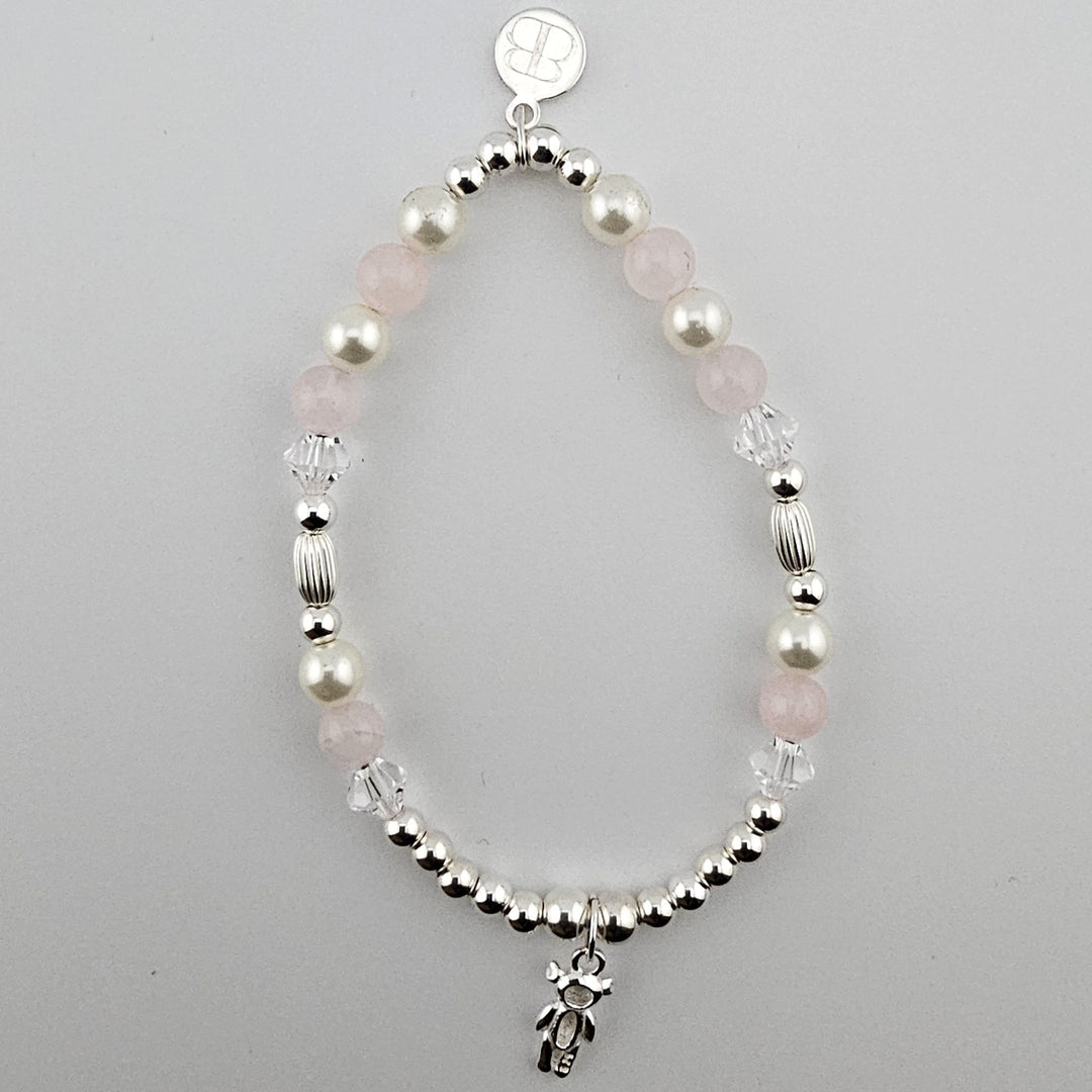 Sterling Silver Teddy Bear Bracelet with Rose Quartz and pearls by Bessie Bae.