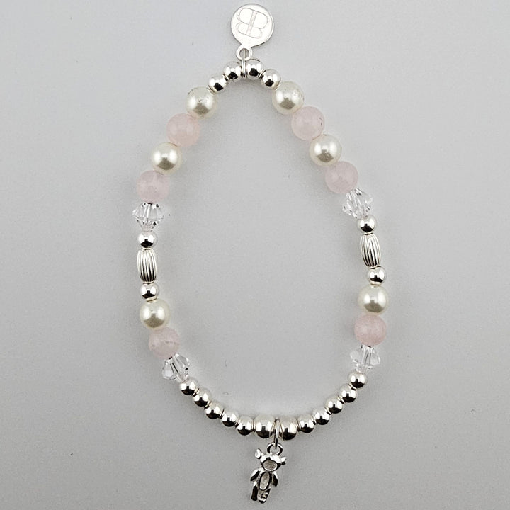 Sterling Silver Teddy Bear Bracelet with Rose Quartz and pearls by Bessie Bae.