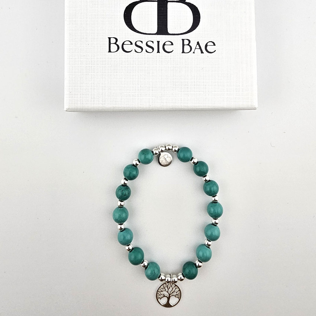Spiritual gemstone bracelet with Tree of Life charm in sterling silver.
