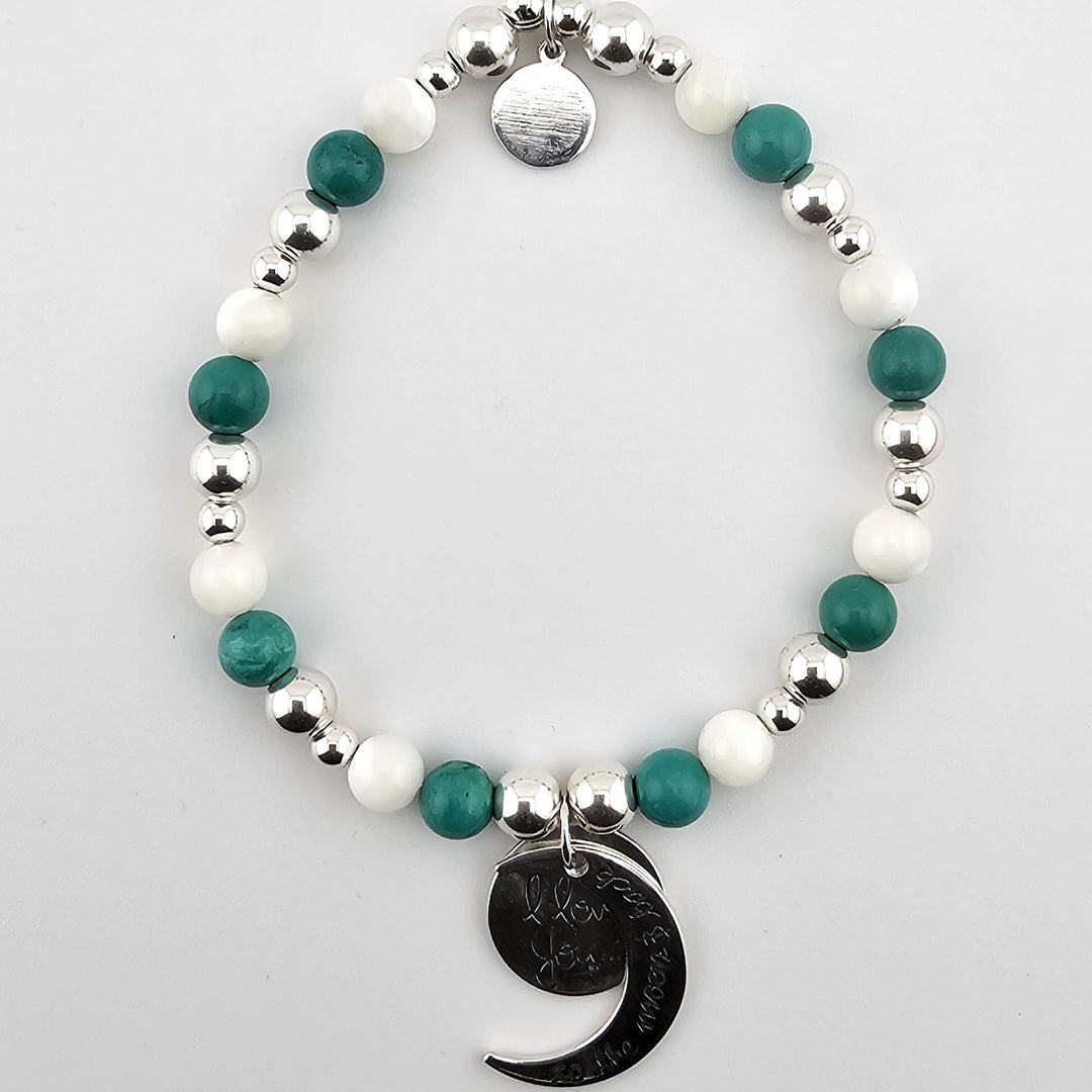 Sterling Silver Turquoise & Mother of Pearl Bracelet with “I love you to the moon & back” charm.