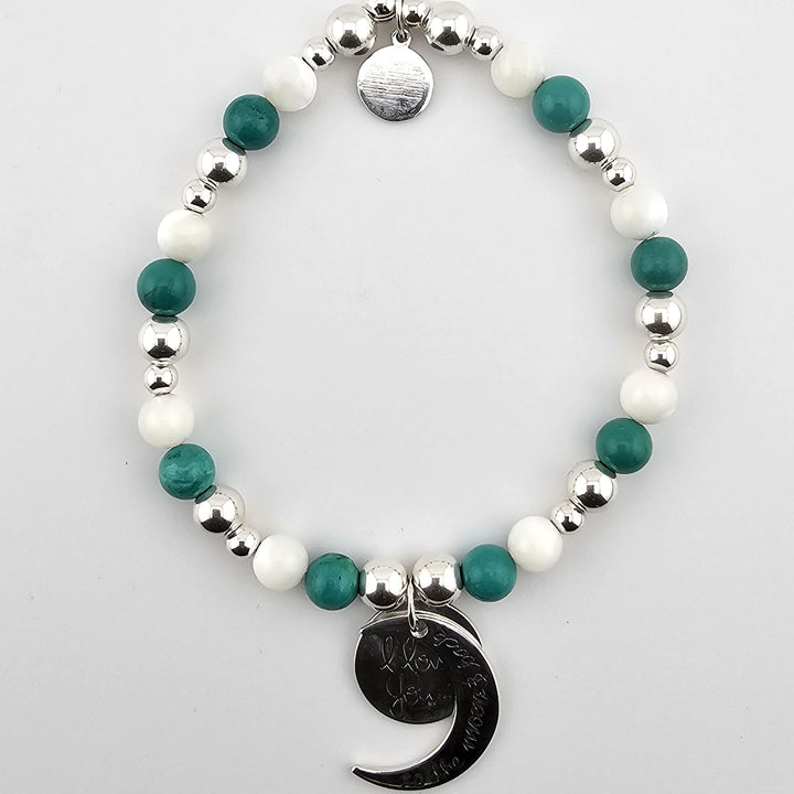 Sterling Silver Turquoise & Mother of Pearl Bracelet with “I love you to the moon & back” charm.
