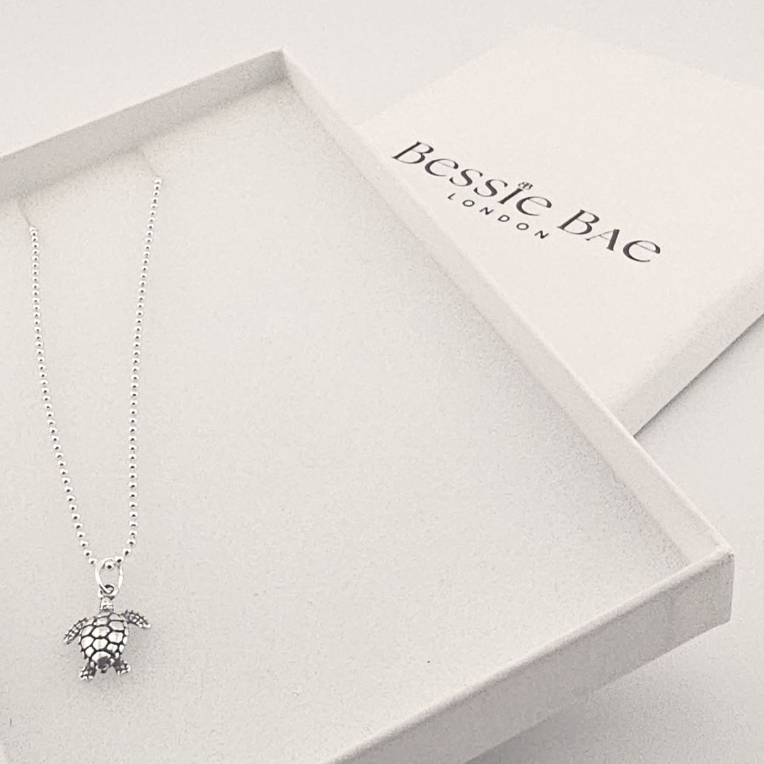 Unisex sterling silver turtle necklace, symbolic animal pendant gift, in box.