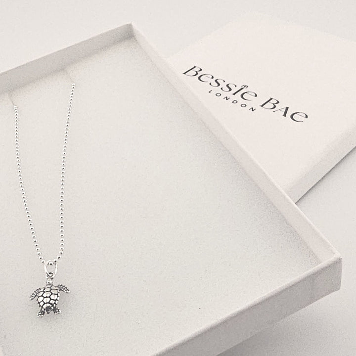 Unisex sterling silver turtle necklace, symbolic animal pendant gift, in box.