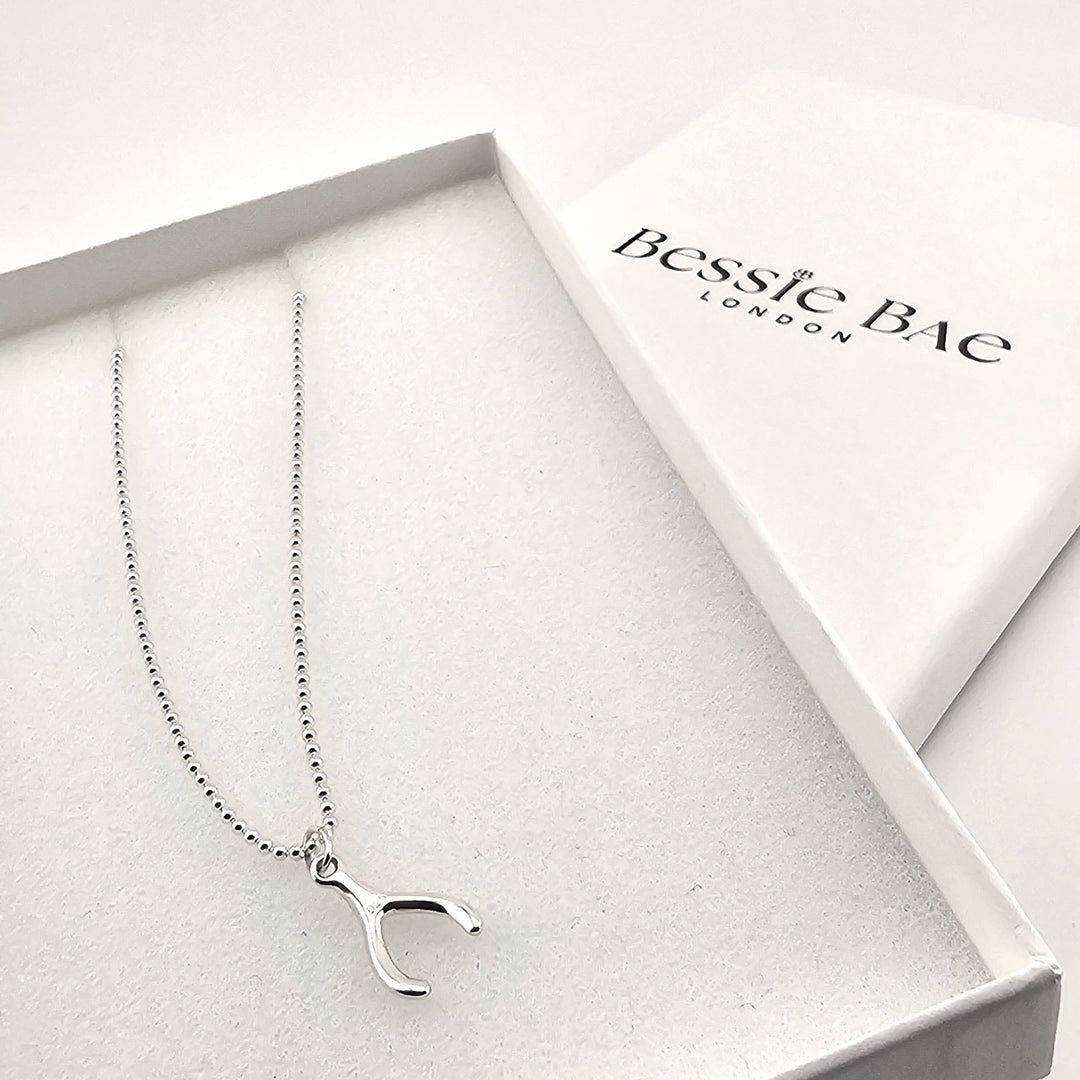 Sterling silver wishbone necklace, good luck jewellery gift.