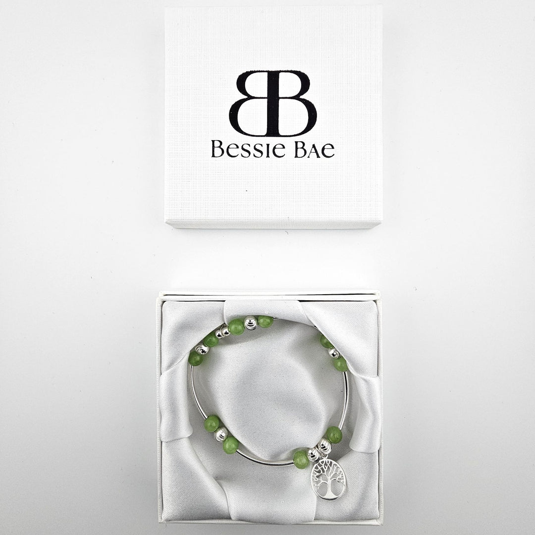Green aventurine Tree of Life bracelet in Bessie Bae luxury gift box.