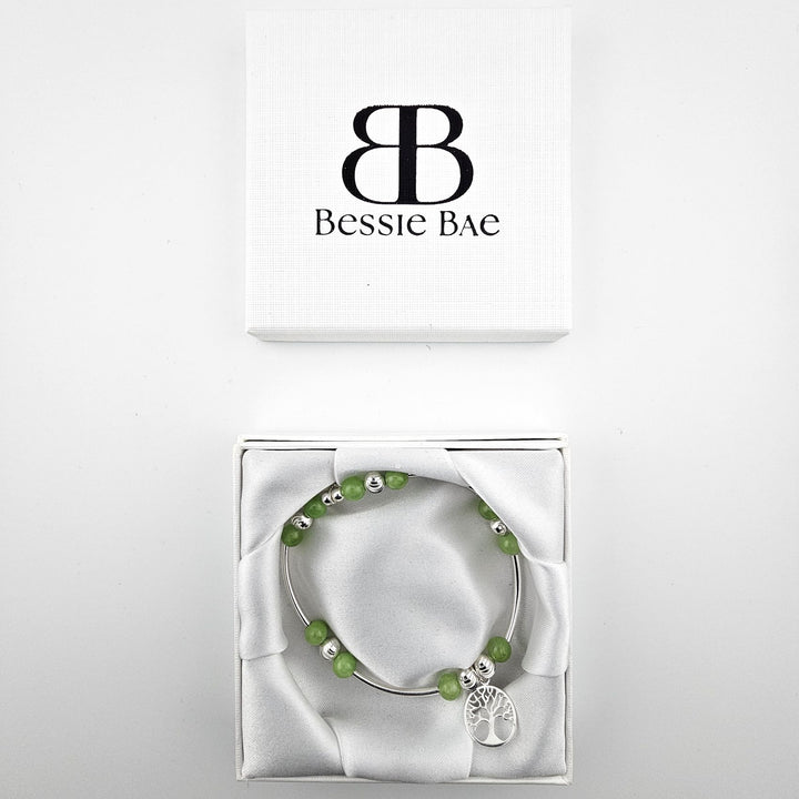 Green aventurine Tree of Life bracelet in Bessie Bae luxury gift box.